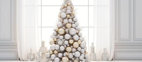 A detailed image of a christmas tree adorned with ornaments, situated in a cozy indoor space