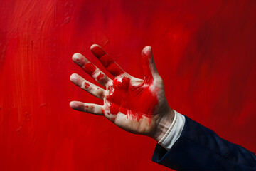 the hand of a businessman with stains of red paint - 763940186