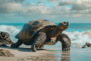Giant tortoise on the beach, reptile walking on the shore of a sea breaking waves in Africa
