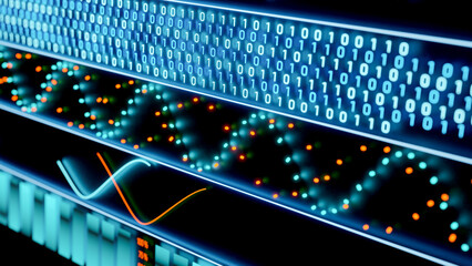 Interface with binary code, curves, lines, oscillator and bar graphs, colored in orange and blue. Science, analyzing, algorithm, display, operating system, panel.