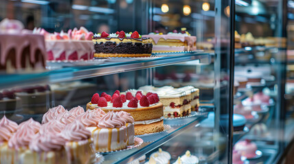 A modern bakery with various types of Desserts and cakes. A showcase with Cakes. Image for cafe...