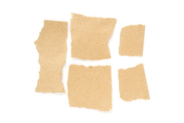 set of real grunge torn brown paper isolated on white background, top view