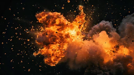 Foto auf Alu-Dibond A spectacular explosion with intense flames and fiery debris against a dark background, depicting power and destruction © velvokayd