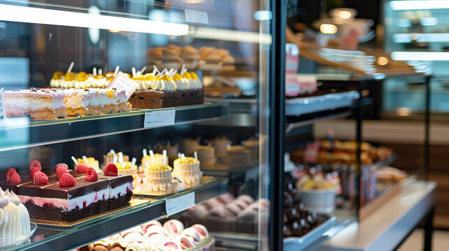A modern bakery with various types of Desserts and cakes. A showcase with Cakes. Image for cafe menu, Banner