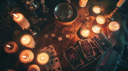 Table with candles for fortune telling, occultism, Cardreading Witches
