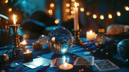 Table with candles for fortune telling, occultism, Cardreading Witches - obrazy, fototapety, plakaty