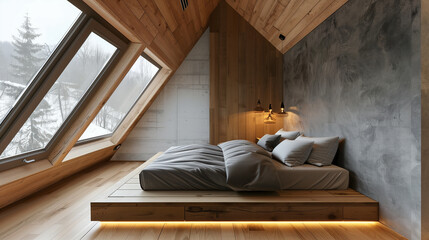 Fototapeta na wymiar Modern attic bedroom in Scandinavian style