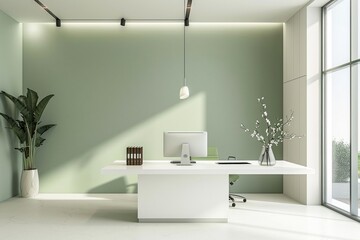 Fototapeta na wymiar A minimalist, modern style office with a color palette of white and pale green , sharp warm highlights