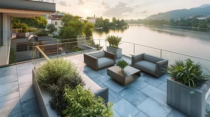 Foto op Plexiglas Modern style rooftop garden with sleek geometric planters and minimalist outdoor furniture overlooking a serene lake ,HD image © BOMB8