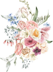 Watercolor Floral Bouquet Arch Frame. Pastel Wreath for Wedding Invitation Card