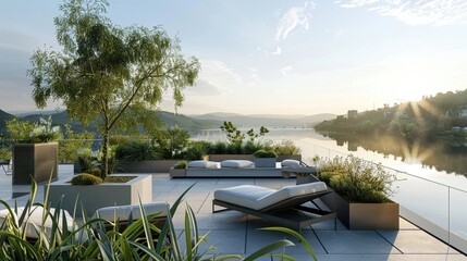 Modern style rooftop garden with sleek geometric planters and minimalist outdoor furniture overlooking a serene lake ,HD image - obrazy, fototapety, plakaty