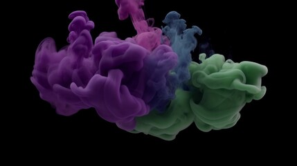 Obraz premium A vibrant interplay of purple, blue, and green smoke swirls against a stark black background, creating a dynamic and ethereal visual effect
