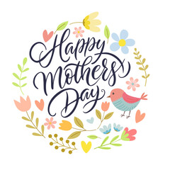Lettering Happy Mother's Day greeting, flowers, leaves, pastel colors, vector spring illustration on a white background