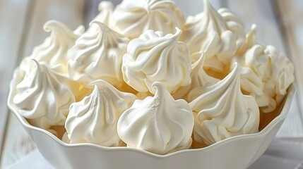 Professional food photography of delicious meringue cookies arranged on a kitchen table