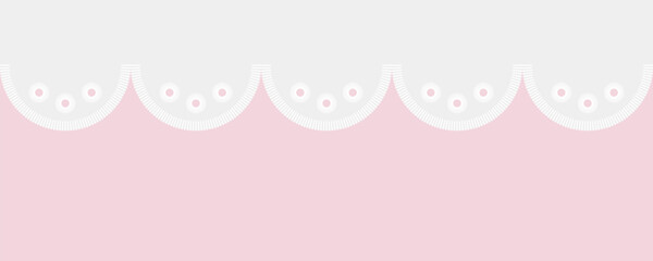 White lace pattern isolated on pink background. Seamless figured lace border, vector lace decoration. Seamless white stripe, delicate simple pattern, decoration for children's textile. - obrazy, fototapety, plakaty