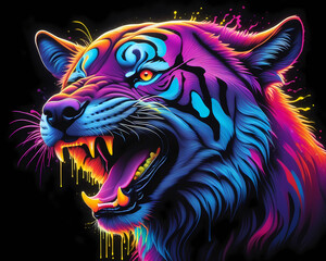Tiger made of neon lights, glowing in the dark, vibrant colors, graffiti art, splash art, street...