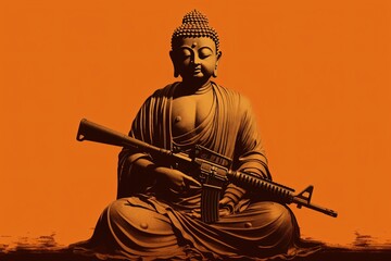 a statue of a buddha holding a gun - Powered by Adobe