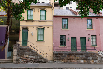 Sydney Rocks precinct on the shore of Sydney Harbour historical architecture from the first fleet settlement over 200 years ago. Buildings made from sandstone blocks small narrow streets NSW Australia