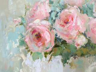 A realistic painting featuring a bouquet of delicate pink roses arranged in a clear glass vase. The vibrant hues of the flowers pop against the muted background, capturing the beauty of nature indoors