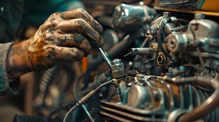 Skilled Mechanic Fine-Tuning a Motorcycle Engine with Precision Tools