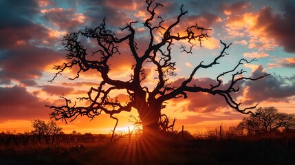 Naklejka premium Majestic Silhouette of a Leafless Tree Against a Fiery Sunset Sky