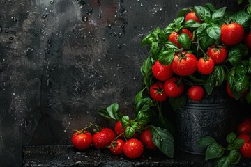 A group of vibrant red tomatoes neatly arranged on top of a wooden table. The tomatoes are ripe and plump, showcasing their fresh and juicy appearance