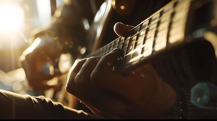 Fototapeta premium Close-up of Guitarist's Hands Strumming Electric Guitar in Sunlit Room