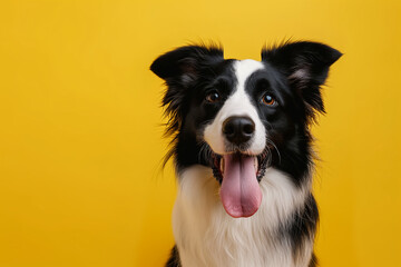 A border collie dog sticking out its tongue, isolated on yellow background - obrazy, fototapety, plakaty