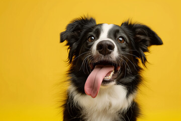 A border collie dog sticking out its tongue, isolated on yellow background