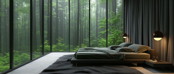 Modern bedroom with forest view in daylight. A beautiful modern bedroom design with large windows showcasing a dense green forest, merging indoor luxury with natural beauty