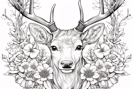 a drawing of a deer with flowers
