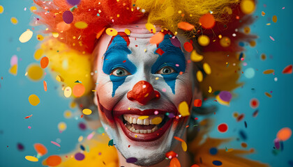 A cheerful and bright clown ready to entertain children at a party with colorful balloons and funny antics. - obrazy, fototapety, plakaty