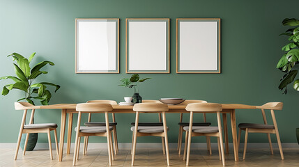 Dining table in Scandinavian living room with empty picture frame on the wall