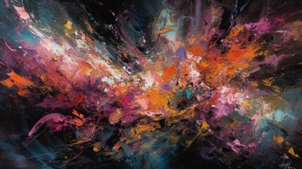 Obraz na płótnie Canvas An abstract painting featuring a dynamic burst of colors, evoking a sense of movement and raw emotion with chaotic brushstrokes.