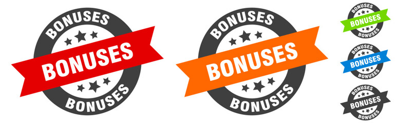 bonuses stamp. bonuses round ribbon sticker. tag - obrazy, fototapety, plakaty