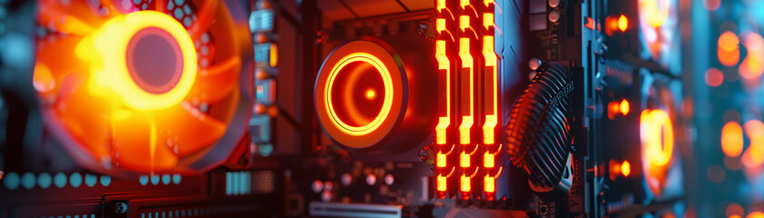 Retro-inspired PC cooling kit warm amber lights - obrazy, fototapety, plakaty