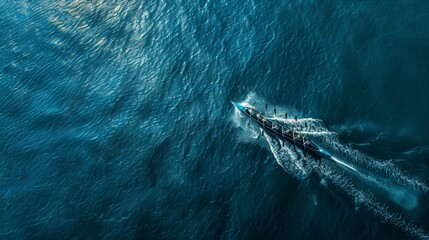 Aerial drone panoramic view of synchronized canoe rowing team competing in deep blue sea