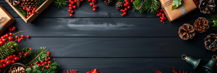 Christmas background on dark wooden texture, Christmas decorations with pine cones and red berries, gift boxes ,green binary bells on black wood background, Top view with copy space for text,banner - obrazy, fototapety, plakaty