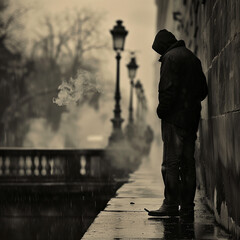 Fototapeta premium In a silent street, under the cloudy sky, stands a solitary man. His picture conveys a deep sadness, as if all his hopes were washed away with the last rain. He leaned against a cold wall, one leg res