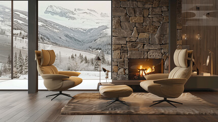 modern living room with fireplace - obrazy, fototapety, plakaty