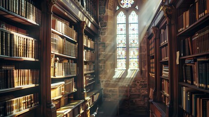 Sunlight Streaming Through a Stained-Glass Window in a Historical Library Full of Books