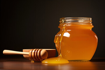 a jar of honey next to a wooden spoon - obrazy, fototapety, plakaty