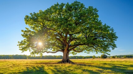 Majestic green oak tree under the sun on a meadow with clear blue sky in the background