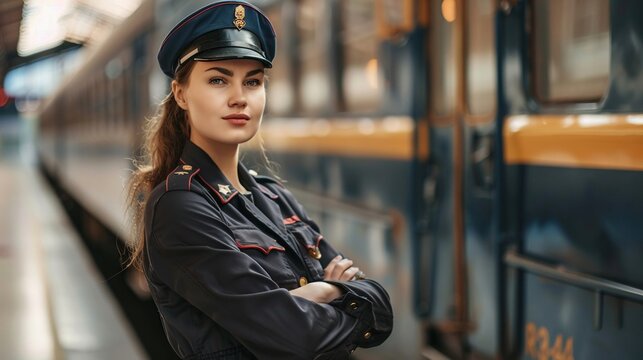 Female electric train driver in uniform standing confidently next to her train in the depot , simple background