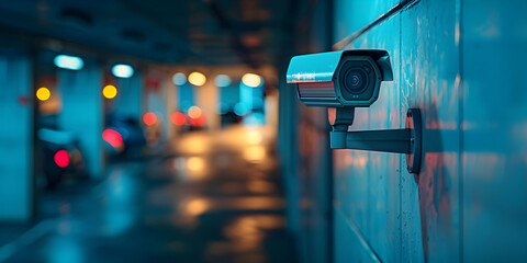 Surveillance camera white neural network car parking equipment security systems have blue copy design blurred background 