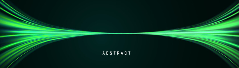 Green glowing shiny lines effect vector background. Luminous white lines of speed. Light glowing effect. Light trail wave, fire path trace line and incandescence curve twirl. - obrazy, fototapety, plakaty