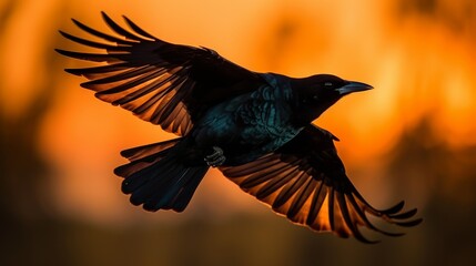 Obraz premium A majestic bird soars through the air, its wings outstretched gracefully against the vivid colors of a setting sun, emanating an aura of freedom