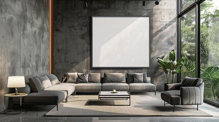 sofa in modern living room with empty picture frame on the wall puristic concrete