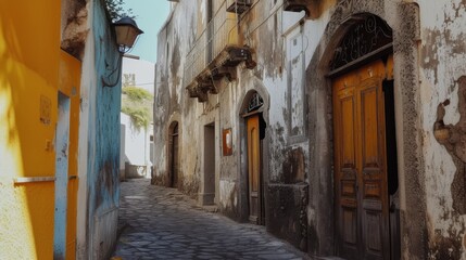 Warm sunlight bathes a quiet alleyway in a Mediterranean town, with weathered facades and vibrant doors adding character to this inviting, historic setting.