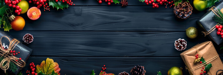 Christmas background on dark wooden texture, Christmas decorations with pine cones and red berries, gift boxes ,green binary bells on black wood background, Top view with copy space for text,banner - obrazy, fototapety, plakaty